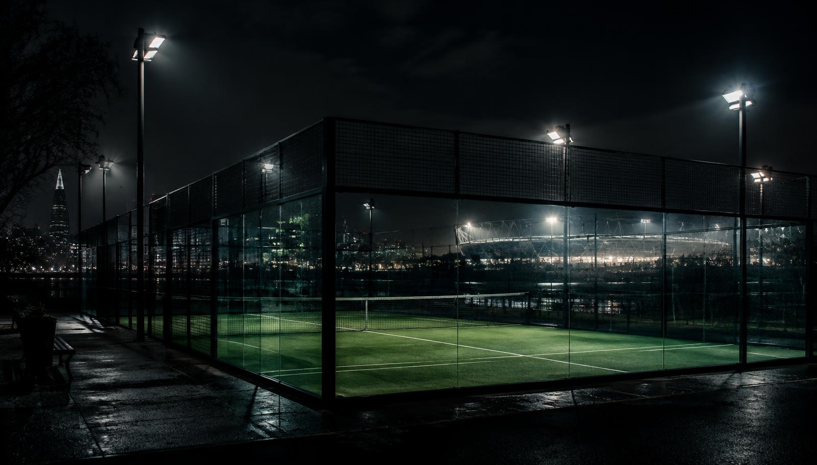 Floodlit padel court at night with a stadium glowing behind